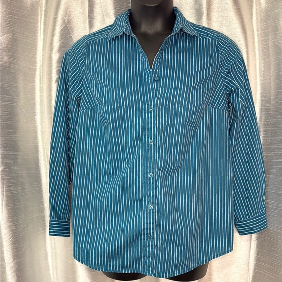 Roaman’s Women’s 14W Long Sleeve Button Down Turquoise Striped Shirt - Picture 1 of 7